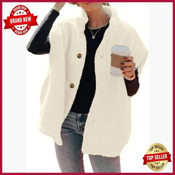 Oversized Fleece Sherpa Vest with Pockets, Button Down, Thigh Length - Picture 1 of 7